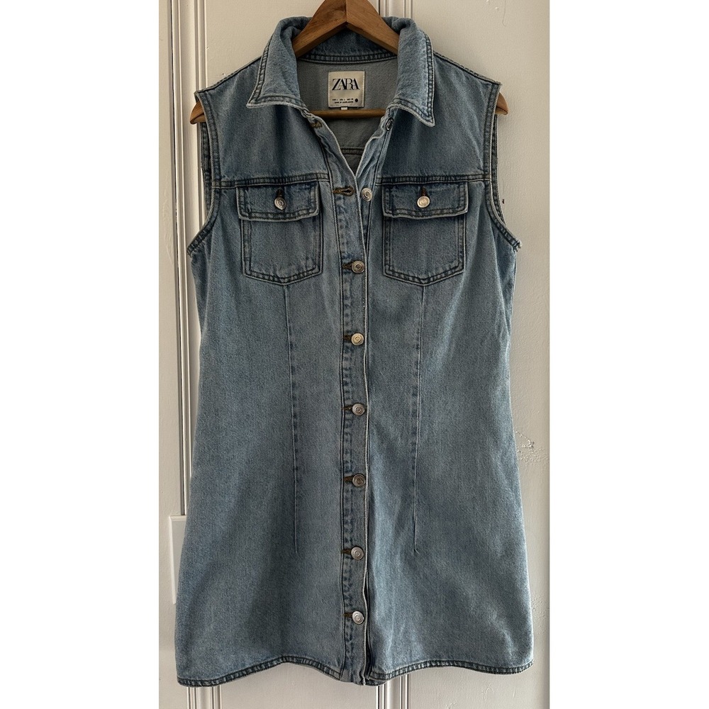 Zara 100% Cotton Denim Mini Dress Sleeveless‎ Utility Western Large